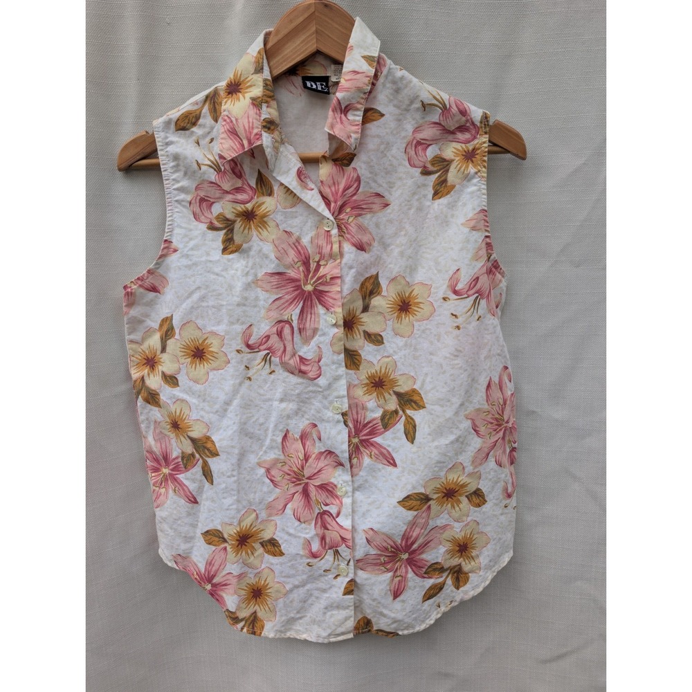 Basic Editions Floral Button Down Top M White Pink Lily Ramie Cotton Vintage 90s